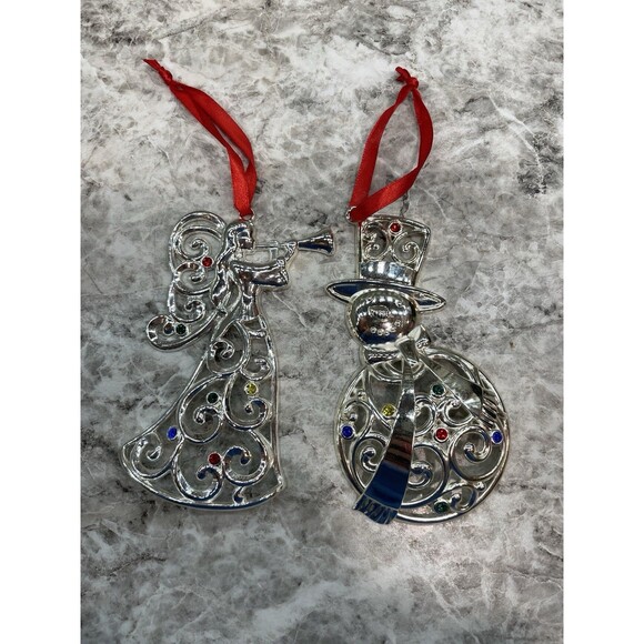 Lenox Sparkle & Scroll Angel & Snowman Ornament Silverplate Colored Gems - Picture 1 of 9